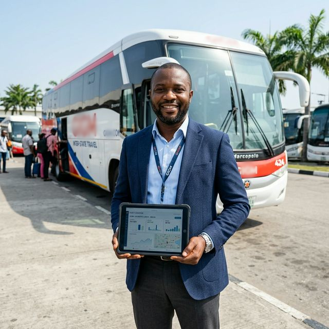Professional Nigerian transport manager using the fleet commander tablet