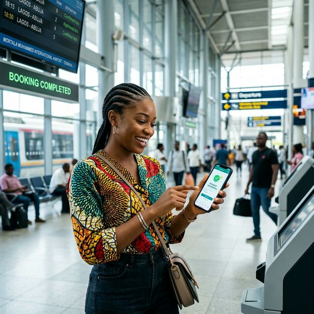 Happy customer using the One-Point VTU app to book tickets seamlessly